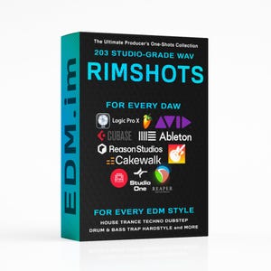 Könnte beinhalten: Eine teal- und schwarze Produktbox mit dem Text "EDM.im" und "RIMSHOTS". Die Box wirbt mit "203 STUDIO-GRADE WAV"-Dateien und ist mit verschiedenen digitalen Audio-Workstations (DAWs) kompatibel. Der Text erwähnt auch "FOR EVERY EDM STYLE".