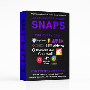 Puede incluir: Una caja de producto con un diseño azul y negro. El texto en la caja dice "SNAPS" y "FOR EVERY DAW". La caja también enumera software compatible como Logic Pro X, Ableton y Cubase. La caja es para música de estilo EDM.