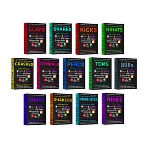 Puede incluir: Una colección de doce cajas de productos de software, cada una con un esquema de color y un título diferente. Los títulos incluyen "Claps", "Snares", "Kicks", "Hihats", "Crashes", "Cymbals", "Percs", "Toms", "808s", "Snaps", "Shakers" y "Rimshots".