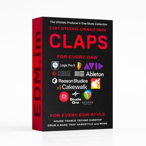 Könnte beinhalten: Eine Produktbox mit rotem Rücken und schwarzer Vorderseite. Die Vorderseite der Box trägt den Text "CLAPS" in großen roten Buchstaben sowie den Text "FOR EVERY DAW" und Logos für verschiedene digitale Audio-Workstations. Auf der Box steht auch "FOR EVERY EDM STYLE".