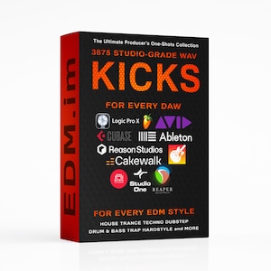 May include: A product box with the text "KICKS" in large orange letters. The box is black with red sides and lists various digital audio workstation (DAW) software logos, including Logic Pro X and Ableton. The text "FOR EVERY EDM STYLE" is also visible.