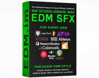 May include: A black and green box with the text "EDM SFX" in large green letters. The box advertises a sound effects collection with 950 studio-grade WAV files. It lists compatibility with various digital audio workstations, including Logic Pro X and Ableton.
