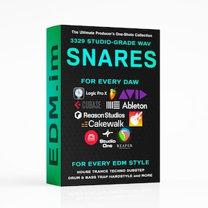 May include: A product box with a black background and green sides. The text on the box reads "3329 Studio-Grade WAV Snares" and "For Every DAW". Logos for Logic Pro X, Ableton, and other software are displayed. The box is labeled "EDM.im".