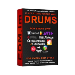 May include: A black and red box with the text "DRUMS" in large orange letters. The box advertises a collection of 17,677 studio-grade WAV drum samples for various digital audio workstations, including Logic Pro X, Cubase, and Ableton.