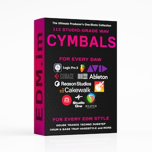 May include: A product box with a black background and pink accents. The text on the box reads "CYMBALS" in large pink letters, with "113 STUDIO-GRADE WAV" above it. The box also lists compatible DAWs and EDM styles.