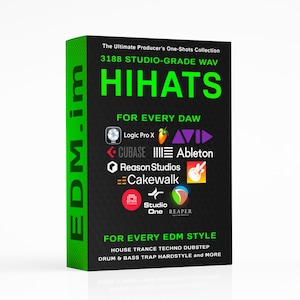Könnte beinhalten: Eine schwarze Box mit grünen Akzenten zeigt den Text "HIHATS" in großen grünen Buchstaben. Die Box wirbt mit "3188 STUDIO-GRADE WAV"-Dateien und ist mit verschiedenen DAWs kompatibel, darunter Logic Pro X und Ableton. Die Box ist mit "EDM.im" beschriftet.