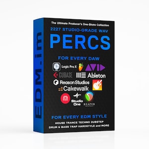 May include: A blue box featuring the word "PERCS" in large blue letters. The box also displays the text "The Ultimate Producer's One-Shots Collection" and logos for various digital audio workstations (DAWs). The box is labeled "EDM.im".