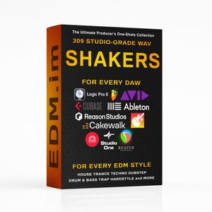 May include: A product box with the text "SHAKERS" in large yellow letters. The box also includes the text "FOR EVERY DAW" and logos for various music production software. The box is black with orange and yellow accents and the text "EDM-im".