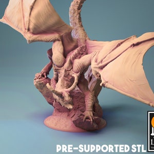 May include: A 3D printed model of a red dragon with wings outstretched, perched on a rocky base. The model is pre-supported and ready for printing.  PRE-SUPPORTED STL