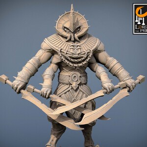 May include: A detailed 3D printed miniature of a four-armed warrior figure with a horned helmet, holding two curved swords. The figure is standing on a rocky base and is painted in a beige color. The text "Scorching Sands" is printed below the figure.