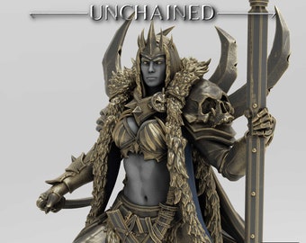 May include: A dark-skinned female warrior figure with a crown, wearing a gold and blue armor with a fur cloak, holding a staff with a skull on the top. The figure is standing on a gray background. The text "UNCHAINED" is written above the figure.