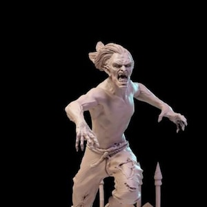 Puede incluir: Una figura en miniatura detallada y pintada a mano de una criatura no muerta que gruñe con una prenda desgarrada y hecha jirones. La figura está en una postura dinámica de carrera, con una mano levantada en un movimiento de garra. La miniatura está sobre una base circular con una valla decorativa.