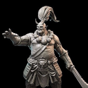 May include: A gray, detailed, sculpted figurine of a large, muscular, ogre-like creature with a long, flowing ponytail, wearing a loincloth and holding a sword. The figurine is standing on a round base.