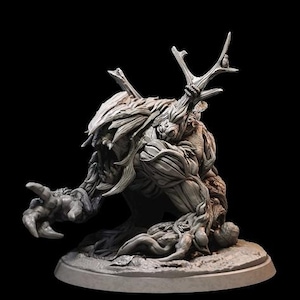 May include: A detailed, grey, sculpted figurine of a creature with a humanoid body and a head made of branches and leaves. The creature has a large, open mouth and is posed in a crouching position. The figurine is set on a round base.