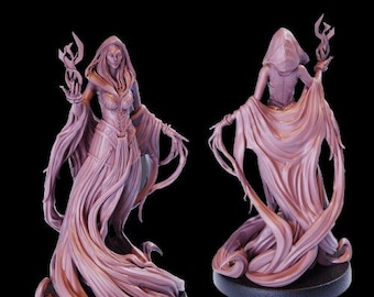 May include: A detailed, hand-painted miniature figurine of a female figure wearing a flowing, pink robe and holding a staff. The figure is posed in a dramatic, flowing pose, with the robe billowing around her.