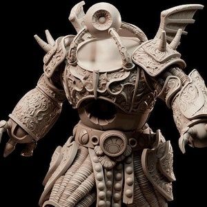 Puede incluir: Una miniatura detallada, impresa en 3D, de una figura humanoide con un solo ojo, que lleva una armadura adornada y está de pie sobre una base rocosa.