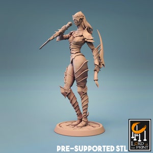 May include: A beige 3D-printed figurine of a warrior woman in armor, holding a sword and a shield. The figure is standing on a circular base. The text "PRE-SUPPORTED STL" is at the bottom.