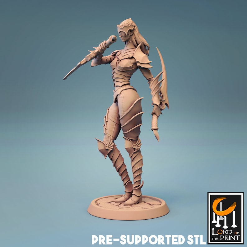 May include: A beige 3D-printed figurine of a warrior woman in armor, holding a sword and a shield. The figure is standing on a circular base. The text "PRE-SUPPORTED STL" is at the bottom.