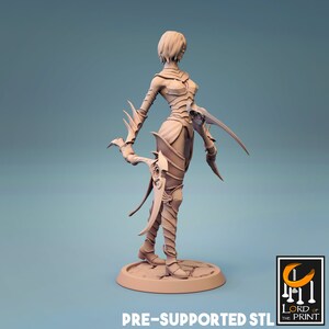 May include: A 3D-printed figurine of a female warrior, posed with two curved blades. The figure is clad in detailed armor and stands on a circular base. The text "PRE-SUPPORTED STL" is visible at the bottom of the image.