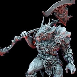 May include: A gray, detailed miniature figurine of a dragon-like creature with horns and scales, holding a large axe with a curved blade. The creature is wearing armor and a belt with a decorative buckle.