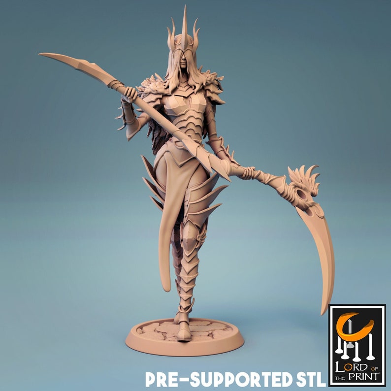 May include: A light beige figurine of a warrior woman holding a large scythe. The warrior is wearing armor and a crown. The scythe has a dragon head design on the handle. The base of the figurine is round. The text "PRE-SUPPORTED STL" is at the bottom.