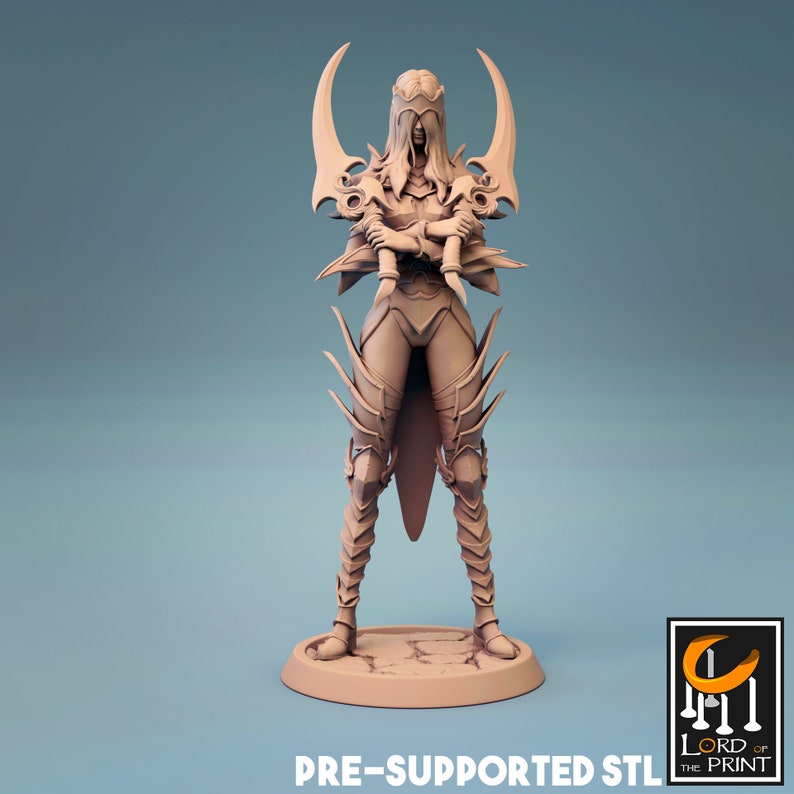May include: A beige 3D-printed figurine of a warrior woman with large curved blades and armor. The figure is standing on a circular base with the text "PRE-SUPPORTED STL" below. The logo for "LORD OF THE PRINT" is in the lower right corner.