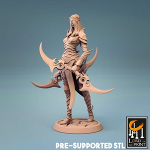 May include: A detailed 3D-printed figurine of a female warrior, clad in armor and holding two curved blades. The figure stands on a circular base, with intricate details on the armor and weapons. The text "PRE-SUPPORTED STL" is visible at the bottom.