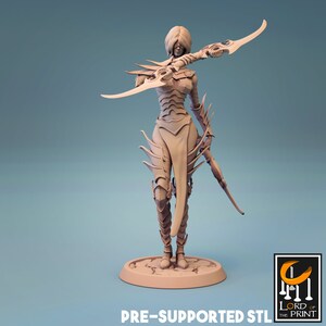May include: A light beige 3D-printed figurine of a female warrior, holding two curved blades. The figure is clad in detailed armor and stands on a circular base. The text "PRE-SUPPORTED STL" is at the bottom.