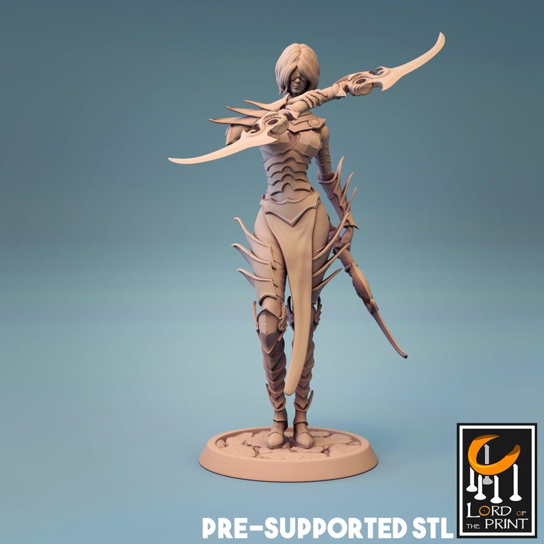 May include: A light beige 3D-printed figurine of a female warrior, holding two curved blades. The figure is clad in detailed armor and stands on a circular base. The text "PRE-SUPPORTED STL" is at the bottom.