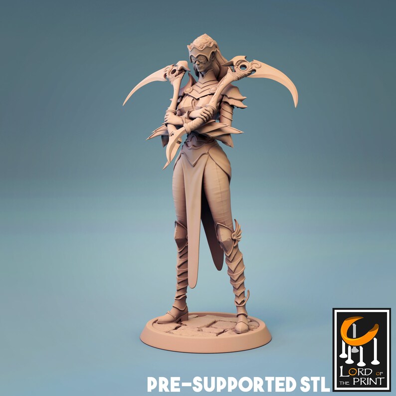 May include: A 3D-printed figurine of a female warrior, holding two scythes. The figure is in a standing pose, wearing armor and a helmet. The base is round. The text "PRE-SUPPORTED STL" is at the bottom, with the "LORD OF THE PRINT" logo.