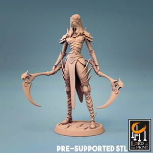May include: A beige 3D-printed figurine of a warrior, holding two curved scythes. The warrior is wearing armor and a helmet. The base of the figurine is round. The text "PRE-SUPPORTED STL" is at the bottom.