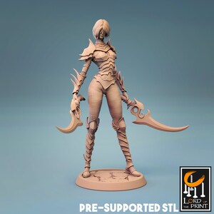 May include: A tan-colored figurine of a female warrior in armor, holding two curved blades. The figure stands on a circular base with a cracked texture. The image includes the text "PRE-SUPPORTED STL" and a logo.