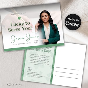 Modèle de carte postale de notaire pour la Saint-Patrick, marketing notarial personnalisable, design modifiable pour la Saint-Patrick pour les agents de signature de prêts