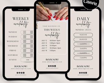 May include: Three smartphone screens displaying business scheduling templates with a light beige background and black text. The designs feature weekly and daily availability lists, booking calls to action, social media icons, and a Made in Canva badge.