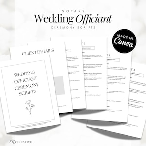 May include: A collection of white paper documents with the text "Wedding Officiant Ceremony Scripts" and "Client Details". The documents are arranged in a layered composition. The top of the image has the text "NOTARY" and "MADE IN Canva".