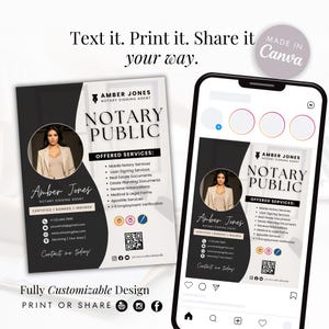 May include: A black and white business card design template for a notary public. The template features a photo of a woman, the text "Amber Jones Notary Signing Agent", "Notary Public", and a list of services offered. The template also includes a QR code and social media icons.