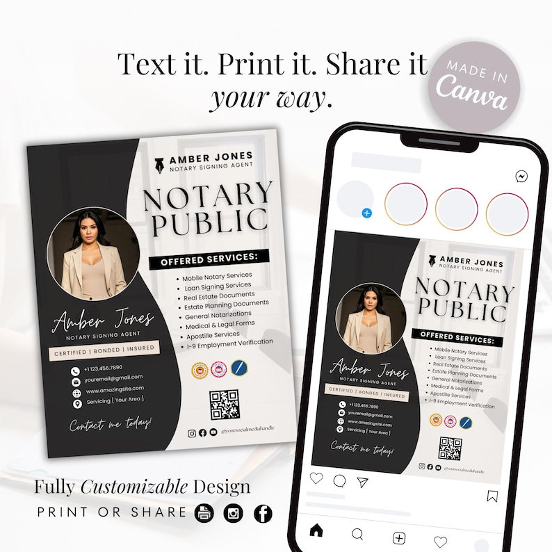 May include: A black and white business card design template for a notary public. The template features a photo of a woman, the text "Amber Jones Notary Signing Agent", "Notary Public", and a list of services offered. The template also includes a QR code and social media icons.