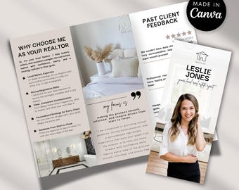 May include: A brochure for a real estate agent, Leslie Jones, with the text "Why Choose Me As Your Realtor." The brochure includes client testimonials, a photo of the agent, and details about her services. The design is light and airy.