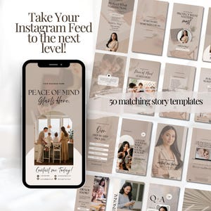 May include: A smartphone displays a beige Instagram story template with the text "Peace of Mind Starts Here." Surrounding the phone are 50 matching story templates. The text "Take Your Instagram Feed to the next level!" is at the top.