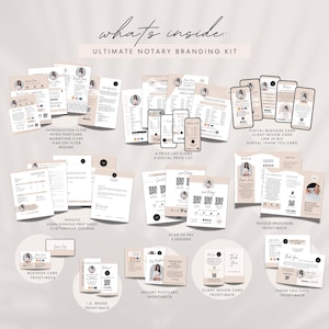 May include: A collection of printable templates for notary branding, including business cards, flyers, invoices, and social media graphics. The templates feature a pink and white color scheme with a modern design.
