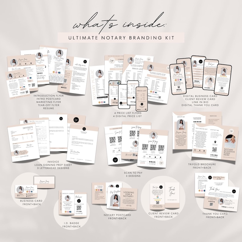 May include: A collection of printable templates for notary branding, including business cards, flyers, invoices, and social media graphics. The templates feature a pink and white color scheme with a modern design.