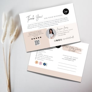 Modelo de Cartão de Agradecimento Empresarial | Cartão de Feedback do Cliente | Cartão Postal Editável do Canva para Notários e Profissionais de Serviços | Cartão de Agradecimento Boho Moderno