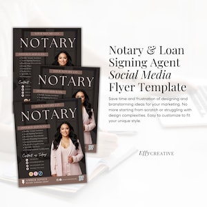 Op de afbeelding: Een sjabloon voor een social media flyer voor notarissen en hypotheekondertekenaars. De flyer heeft een zwarte achtergrond met witte tekst en een foto van een vrouw in een roze blazer. De tekst op de flyer luidt "Notary & Loan Signing Agent Social Media Flyer Template".