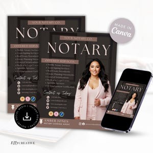 Op de afbeelding: Een zwarte en bruine flyer met de tekst "Your Notary Co. Notary" in roze lettertype. De flyer toont een foto van een vrouw met lang zwart haar die een roze top draagt. De flyer vermeldt de aangeboden diensten, contactgegevens en de naam "Amber Jones, Notary Signing Agent".
