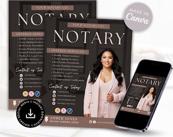 May include: A black and brown flyer with the text "Your Notary Co. Notary" in a pink font. The flyer features a photo of a woman with long black hair wearing a pink top. The flyer lists services offered, contact information, and the name "Amber Jones, Notary Signing Agent".