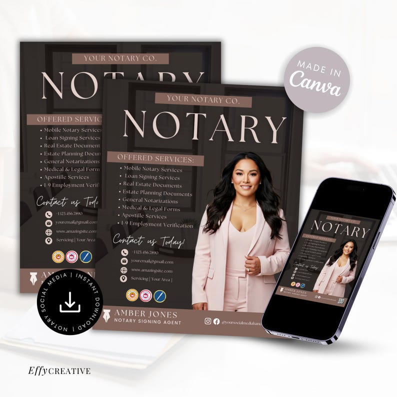 Op de afbeelding: Een zwarte en bruine flyer met de tekst "Your Notary Co. Notary" in roze lettertype. De flyer toont een foto van een vrouw met lang zwart haar die een roze top draagt. De flyer vermeldt de aangeboden diensten, contactgegevens en de naam "Amber Jones, Notary Signing Agent".