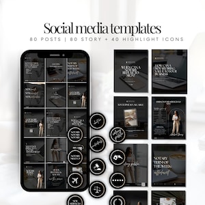May include: A digital mockup of social media templates for a notary business. The templates include 80 posts, 80 stories, and 40 highlight icons. The design is primarily black and white with gold accents, featuring text and images.