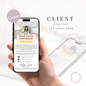 Bewerkbare sjabloon voor verzoekkaart voor beoordeling van klant, tekst Canva voor makelaars Digitale sjabloon voor feedbackverzoek van klanten Recensie makelaar
