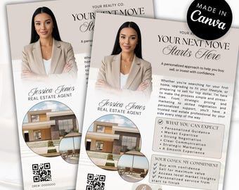 May include: A real estate flyer template featuring a professional headshot of a person in a beige blazer, text reading "YOUR NEXT MOVE Starts Here" and "Jessica Jones REAL ESTATE AGENT," two circular house photos, a QR code, and contact details.