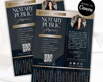 May include: Two navy blue and gold flyers for notary public services. The flyers feature a headshot of a woman, a list of services, and contact information. The flyers are designed using Canva.